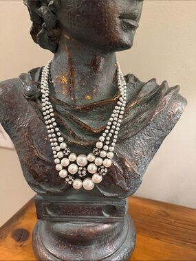White House Black Market Silver Pearl & Crystal Multi-Strand Necklace